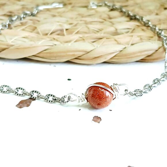 Goldstone Beaded Bracelet Anklet, Gemstone Jewelry Accessories 9" - Picture 2 of 3